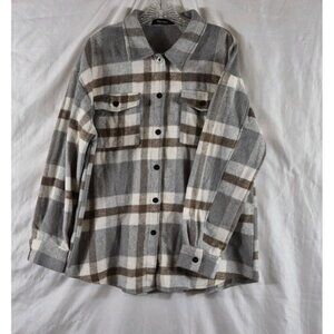 Automet Women's Brown Grey Plaid Tartan Ultra Soft Shacket Size L
